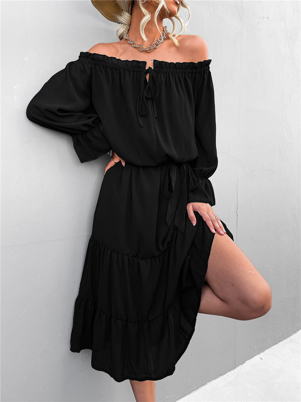 Damen lässiges Off-Shoulder Kleid mit Rüschensaum und Taillengürtel R&B