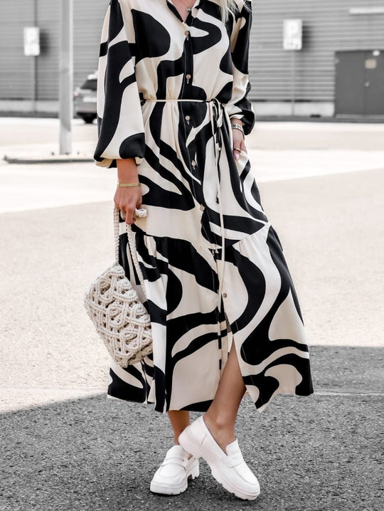 Damen Langarm Kleid mit raffiniertem Grafikdesign und elegantem Taillengürtel R&B