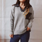 Damen lässiger V-Ausschnitt Pullover mit strukturiertem Rippdesign und kontrastierendem Kragen R&B