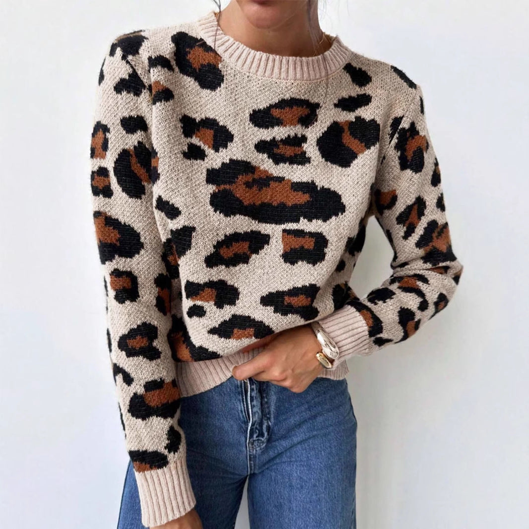 Damen kuscheliger Strickpullover mit Leopardenmuster und überschnittenen Schultern R&B