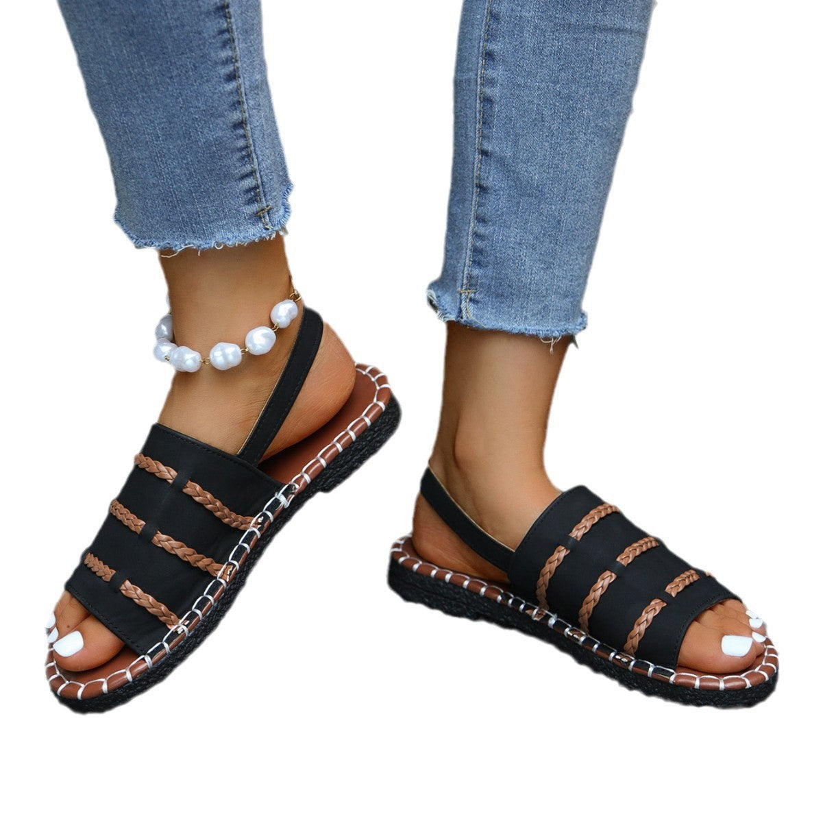 Damen Komfortable Sandalen mit geflochtenen Riemen und elastischem Fußbett R&B