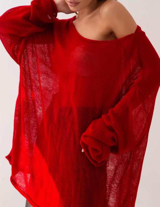 Damen luftiger Oversize-Strickpullover mit weitem Schnitt und transparentem Gewebe R&B