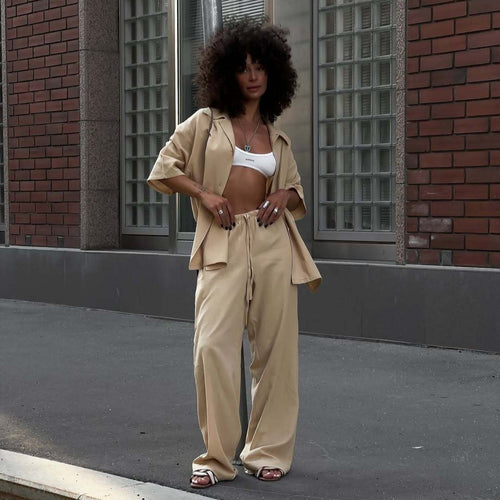Damen lässiges Freizeit-Set aus leichtem Stoff mit weiten Hosen und lockerer Bluse R&B