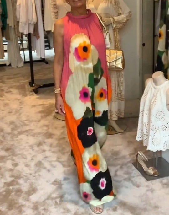 Damen nan ärmelloses Maxikleid mit gerafftem Stehkragen, weitem Palazzoschnitt und großfloralem Druck R&B