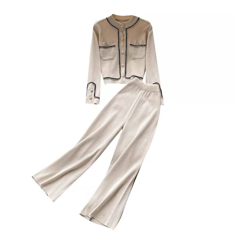 Damen elegantes Strick-Loungewear-Set mit feinen Knopfdetails und weitem Bein R&B