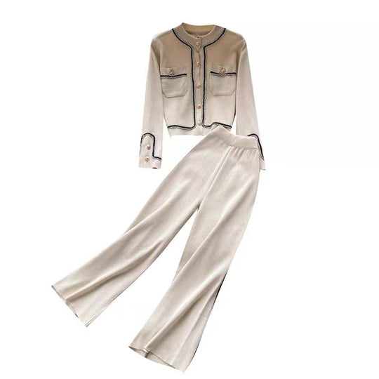 Damen elegantes Strick-Loungewear-Set mit feinen Knopfdetails und weitem Bein R&B