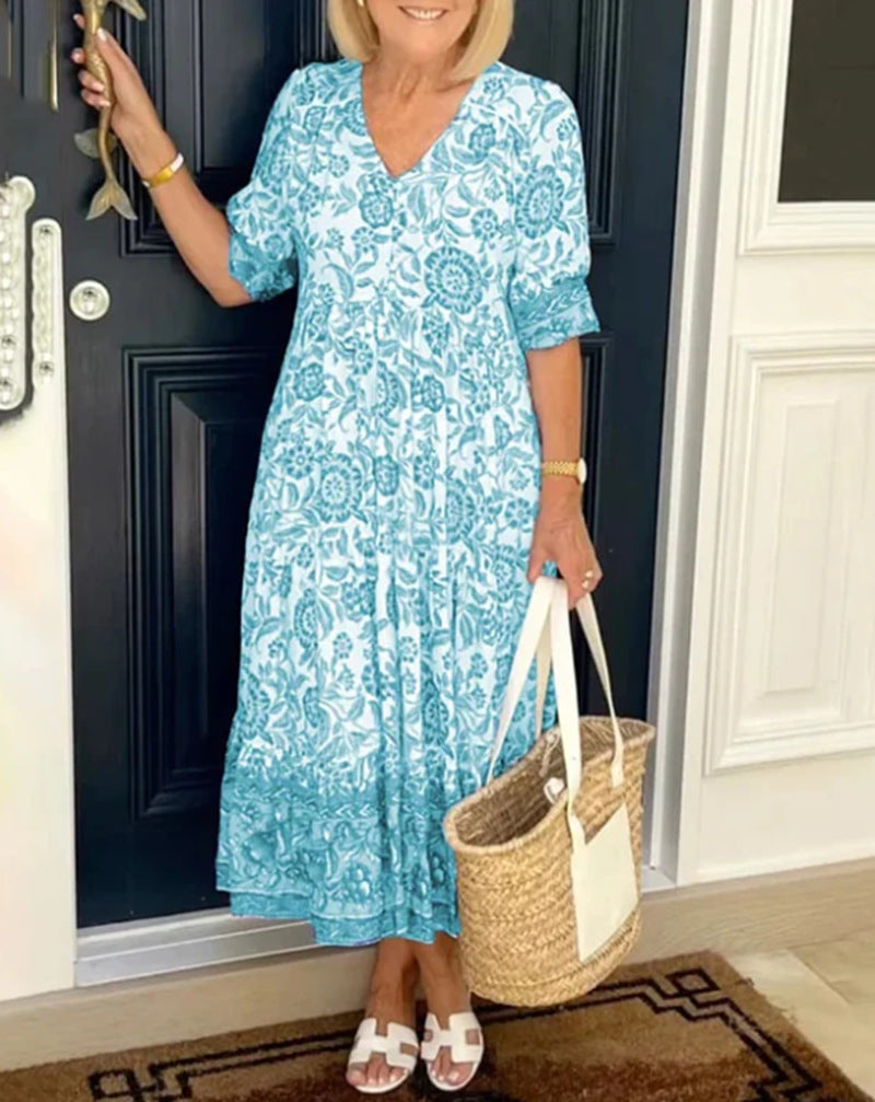 Damen Maxikleid mit raffiniertem Volant und floralem Design Heidi-Mode