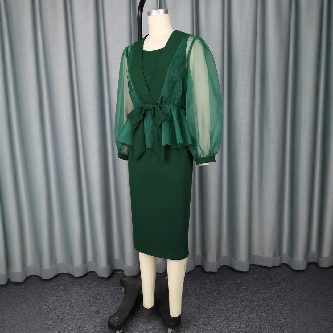 Damen elegantes Kleid mit transparentem Ärmel und tailliertem Gürtel R&B