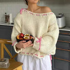 Damen lässiger Pullover mit offener Schulter und dekorativem Bindegürtel R&B