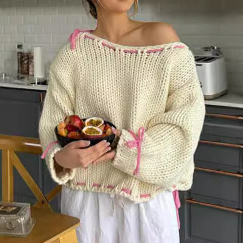 Damen lässiger Pullover mit offener Schulter und dekorativem Bindegürtel R&B