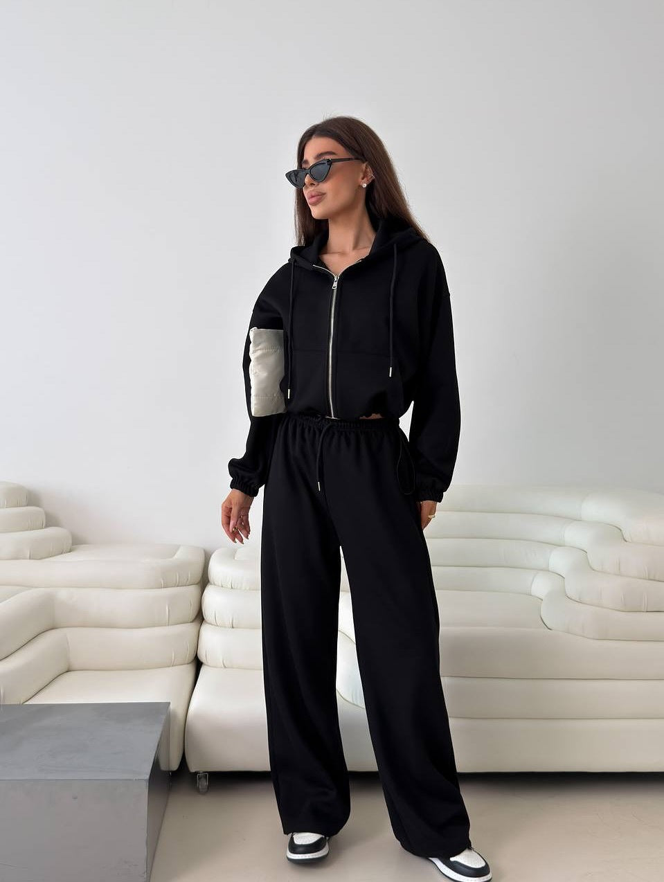 Damen lässige Kapuzenjacke mit hohem Kragen und Reißverschluss R&B