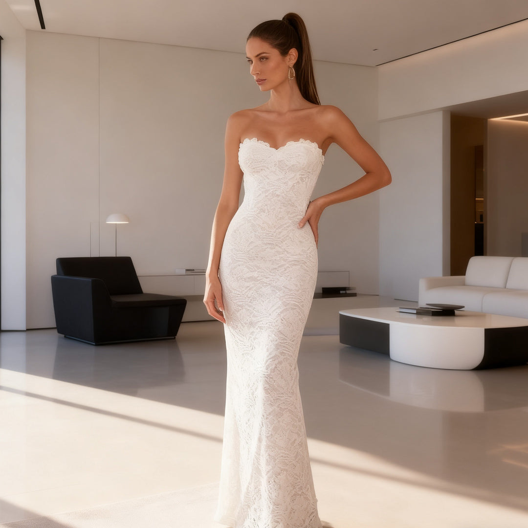 Damen Elegantes Spitzen-Maxikleid mit figurbetontem Design und süßem Rückenausschnitt R&B
