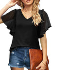 Damen V-Ausschnitt Bluse mit transparenten Rüschenschultern R&B