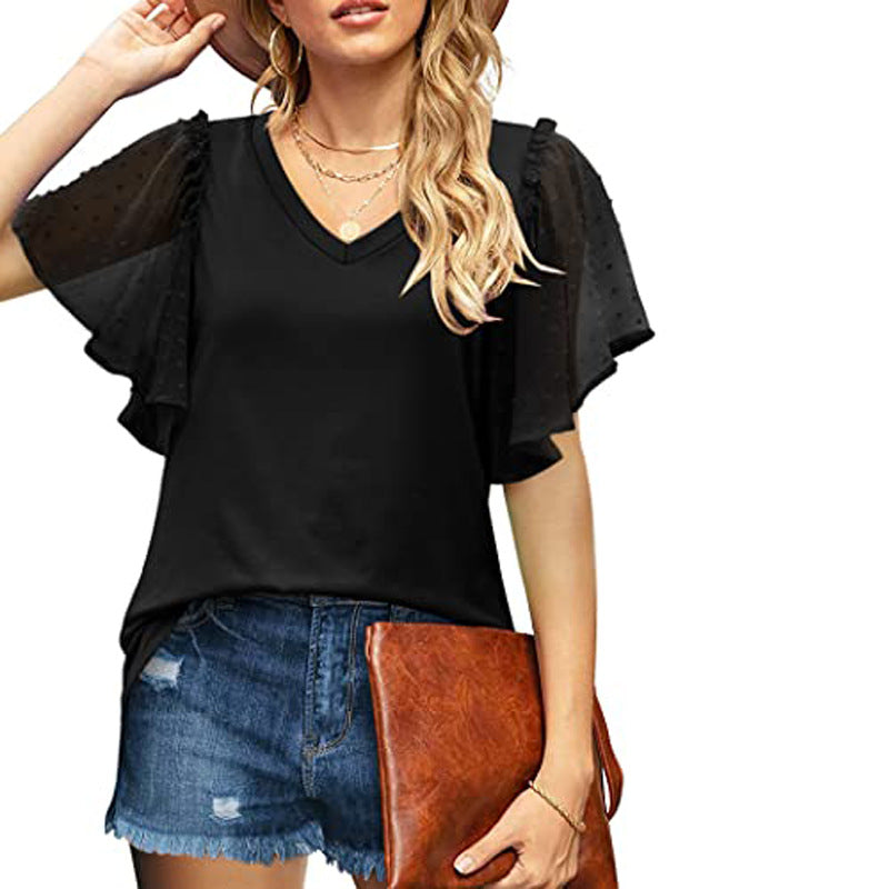 Damen V-Ausschnitt Bluse mit transparenten Rüschenschultern R&B