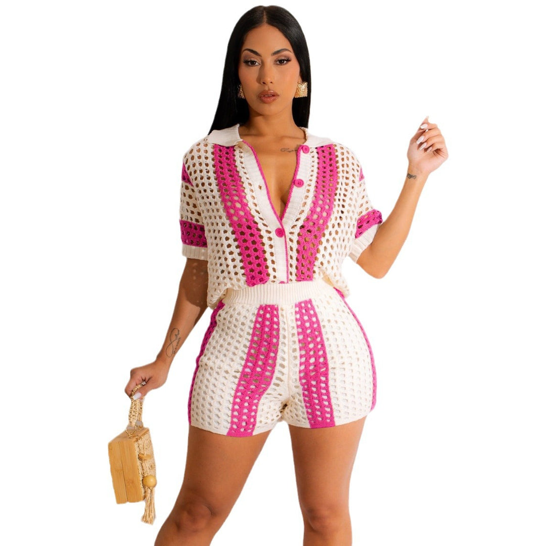 Damen luftiges Strick-Set mit trendy Häkelmuster R&B