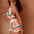 Damen gehäkeltes Bikini-Set mit angesagtem Crop-Top und lässigen Shorts R&B