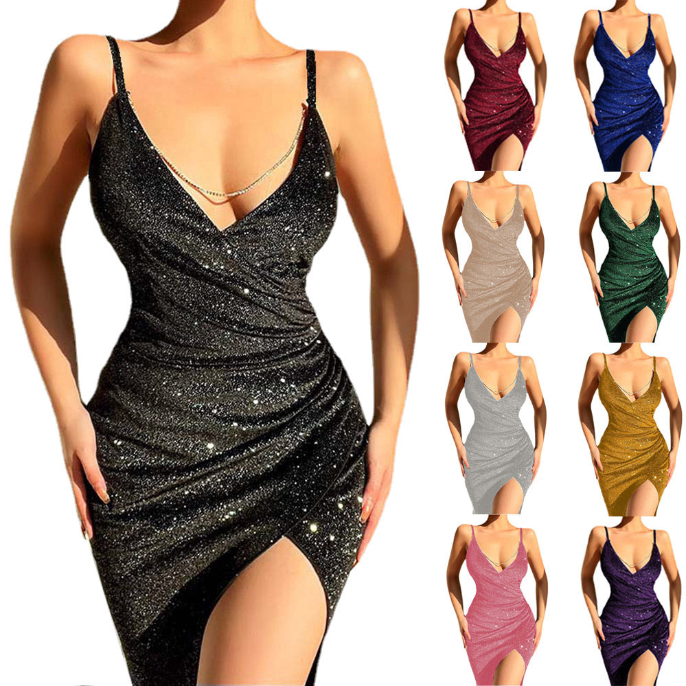Damen Glamouröses Wickelkleid mit glitzender Oberfläche und hoch geschlitzt R&B