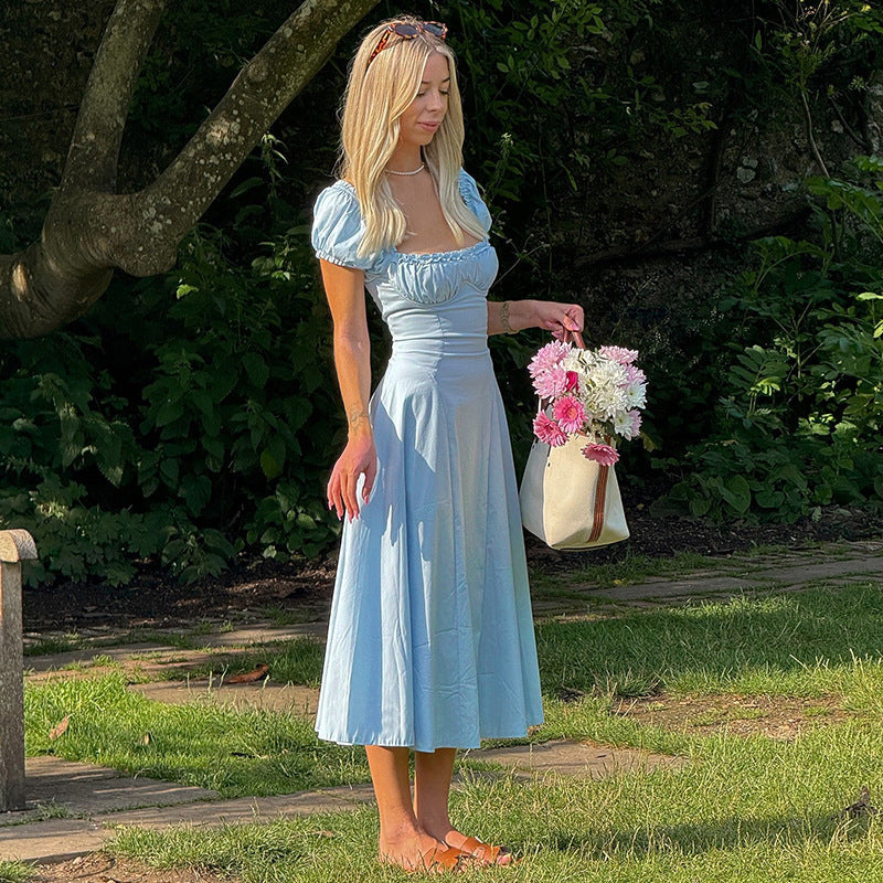 Damen Maxi-Kleid mit voluminösen Puffärmeln und elastischem Ausschnitt R&B