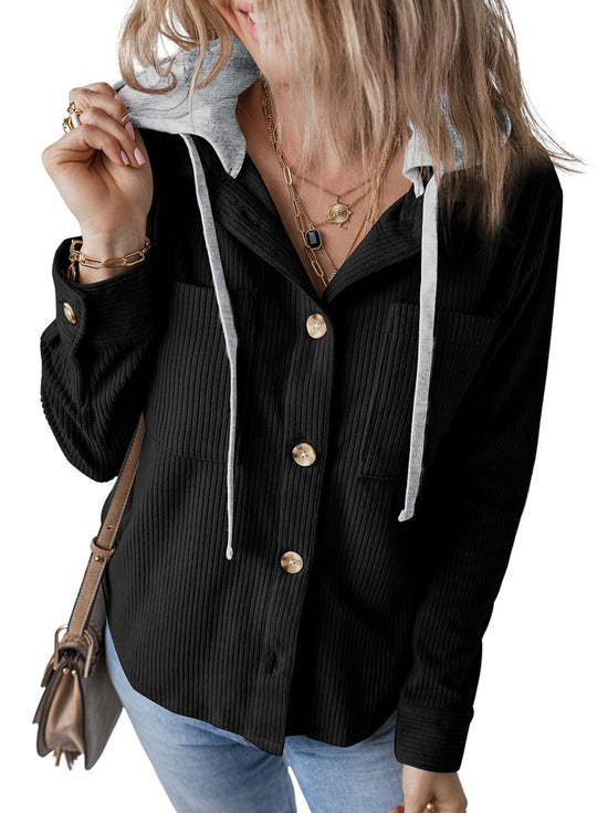 Damen lässige Oversized-Hemdjacke mit Kapuze und strukturiertem Stoff R&B