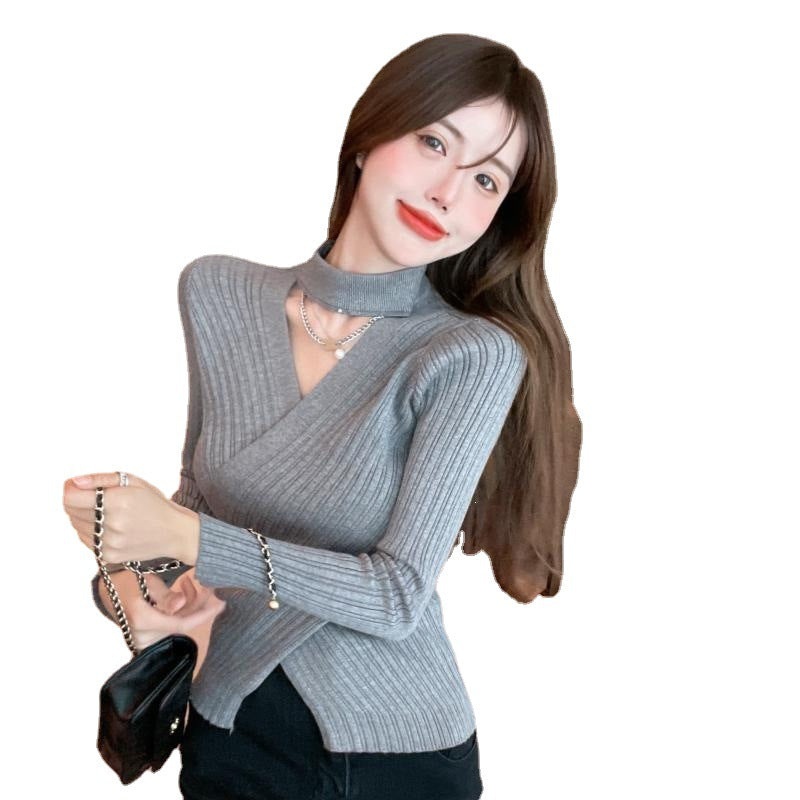 Damen elegantes Wickeloberteil aus geripptem Strickmaterial
