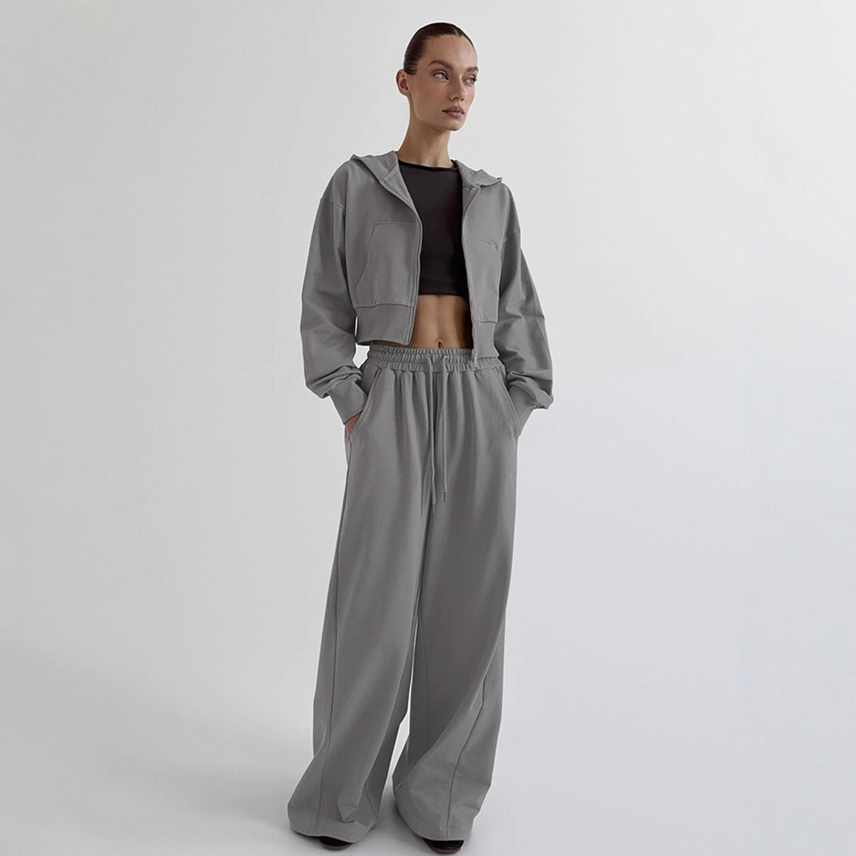 Damen Lässiges Crop-Top und weite High-Waist-Hose Set R&B