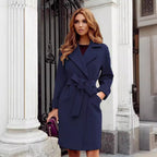 Damen eleganter Trenchcoat mit Gürtel und Taschen R&B