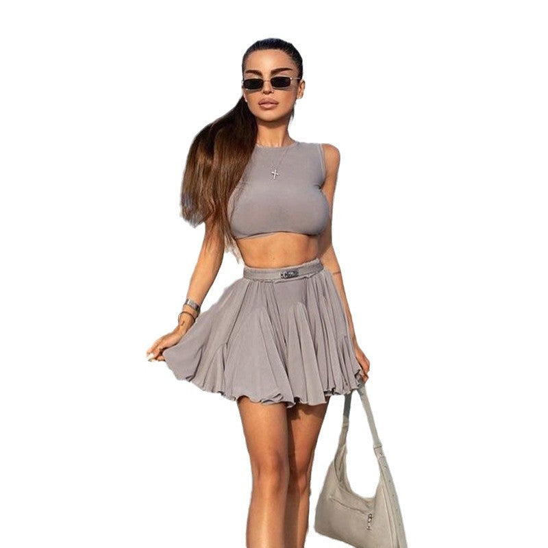 Damen Sportliches Crop-Top und Skaterrock Set R&B