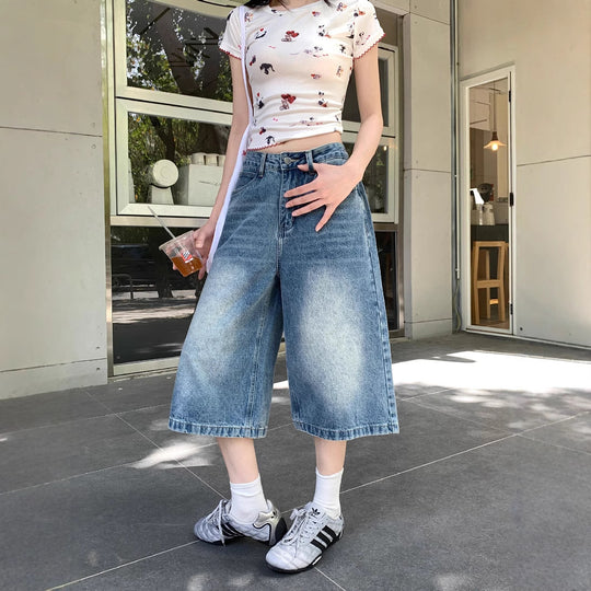 Damen Weite Denim-Culotte-Shorts mit hohem Bund und lässigem Design R&B