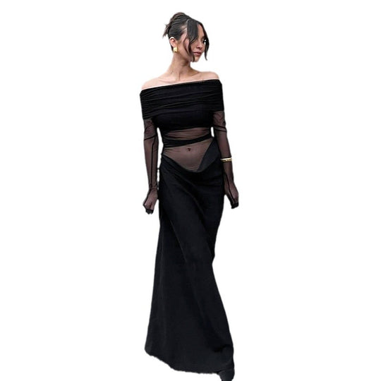 Damen Maxikleid mit schulterfreiem Design und fließendem Stoff R&B