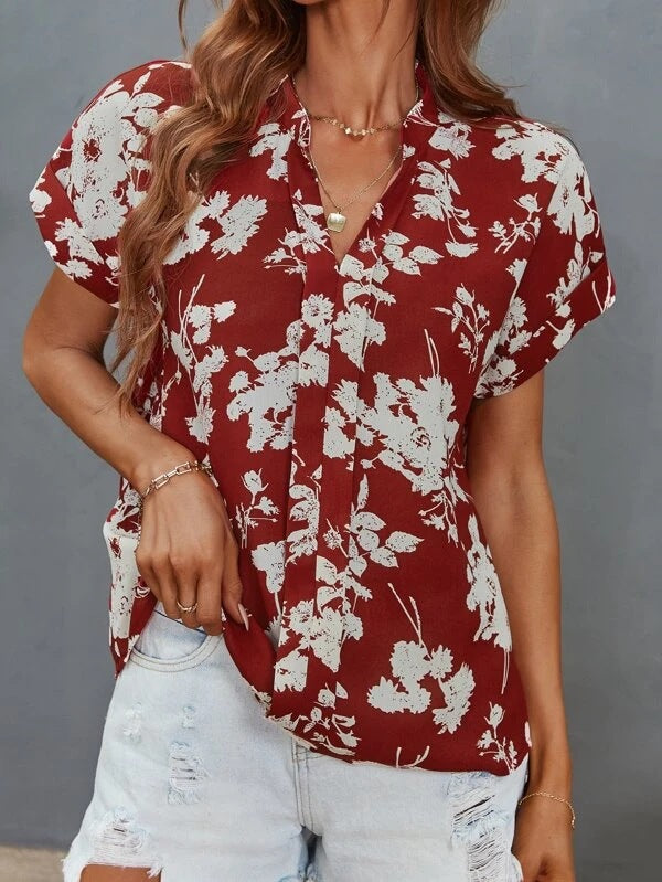 Damen lässige Bluse mit floralem Muster und kurzer Knopfleiste R&B