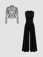 Damen elegante Spitzenbluse mit schmalem Schnitt und weitem Hosenanzug R&B