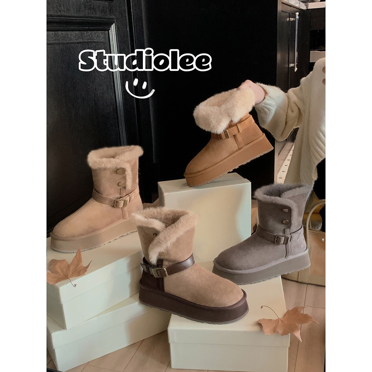 Damen modische Booties mit weichem Kunstfellkragen und praktischem Schnallenverschluss R&B