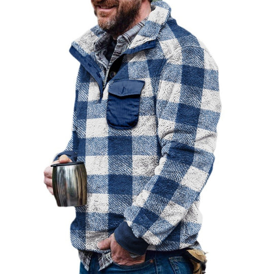 Herren Fleece-Pullover mit Karomuster und Hohem Kragen R&B