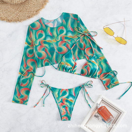Damen Bikini-Set mit langärmligem Oberteil und verspielten Bindebändern R&B