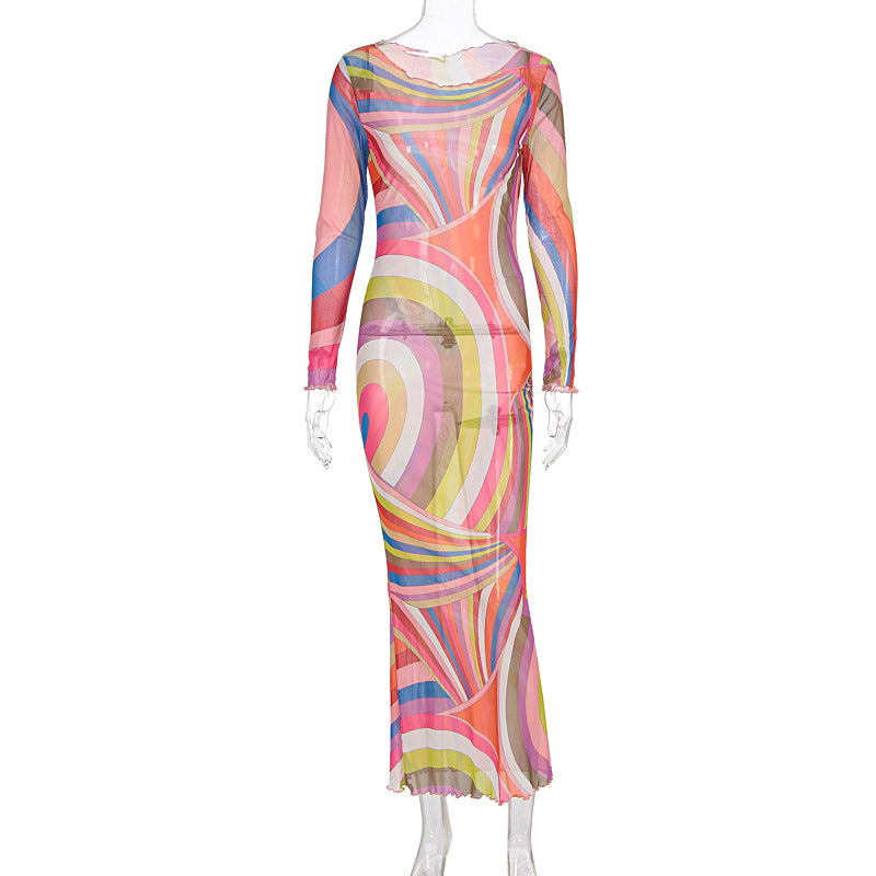 Damen Langarm Maxikleid mit buntem Muster R&B