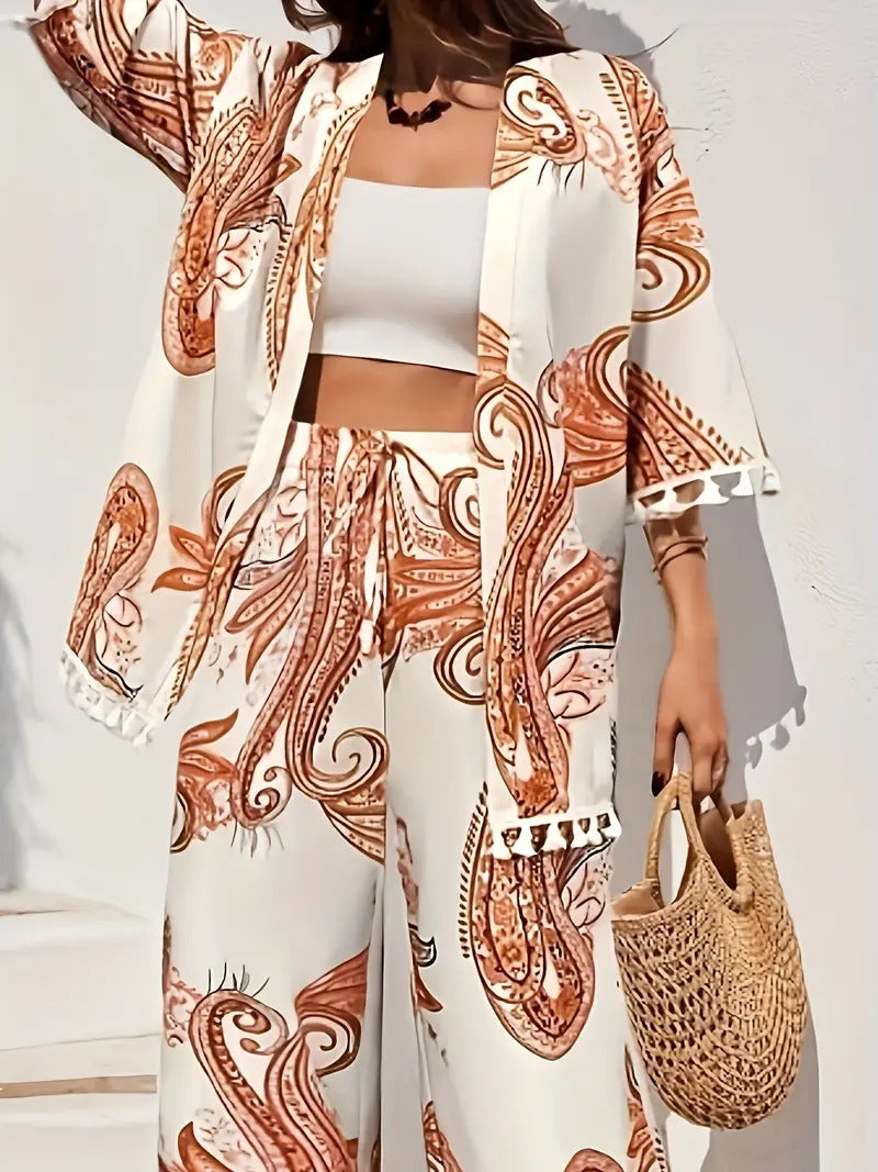Damen Elegante Kombination aus Kimono und Hose mit kunstvollem Druck R&B