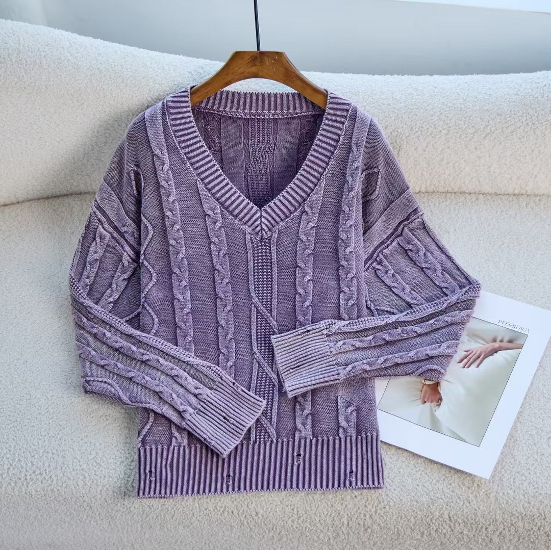 Damen Modischer Strickpullover mit V-Ausschnitt und Zopfmuster R&B