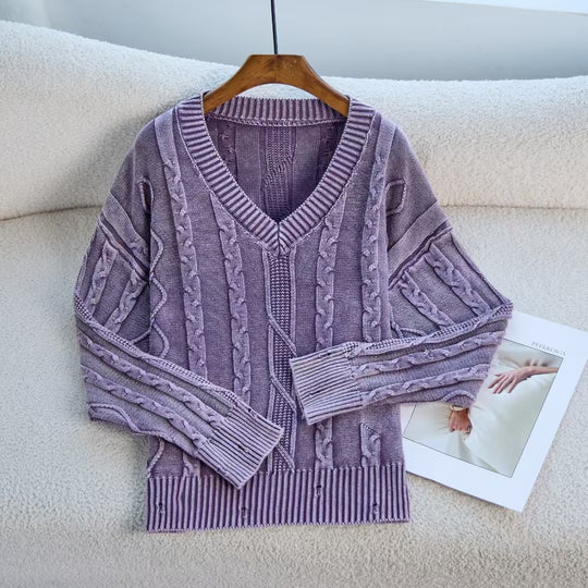 Damen Modischer Strickpullover mit V-Ausschnitt und Zopfmuster R&B