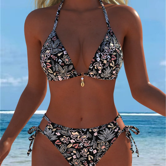 Damen Triangel-Bikini mit verspieltem Floral-Design und verstellbaren Bindebändern R&B
