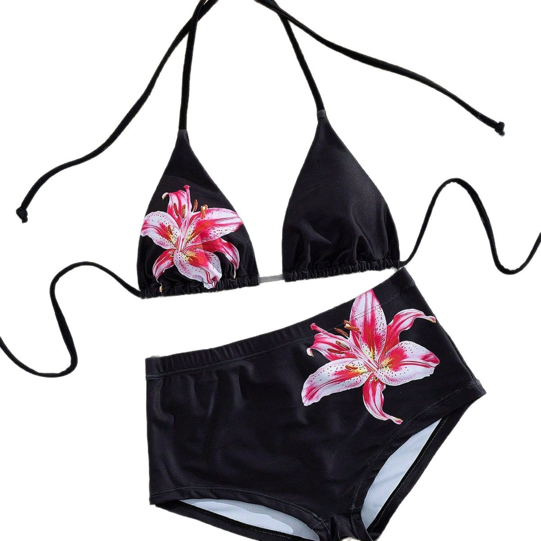 Damen Hochgeschnittener Bikini mit gestreiftem Design und floralen Akzenten R&B