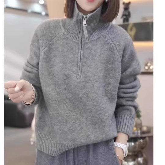 Damen Strickpullover mit hohem Kragen und praktischem Reißverschluss R&B