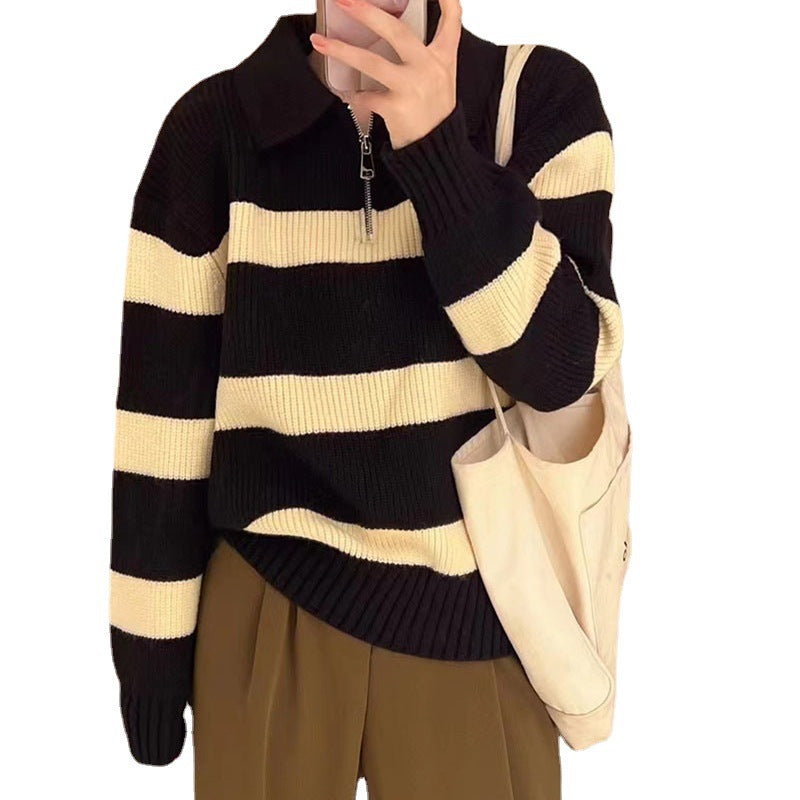 Damen Grob gestrickter Pullover mit modernem Streifenmuster und V-Ausschnitt R&B