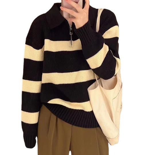 Damen Grob gestrickter Pullover mit modernem Streifenmuster und V-Ausschnitt R&B