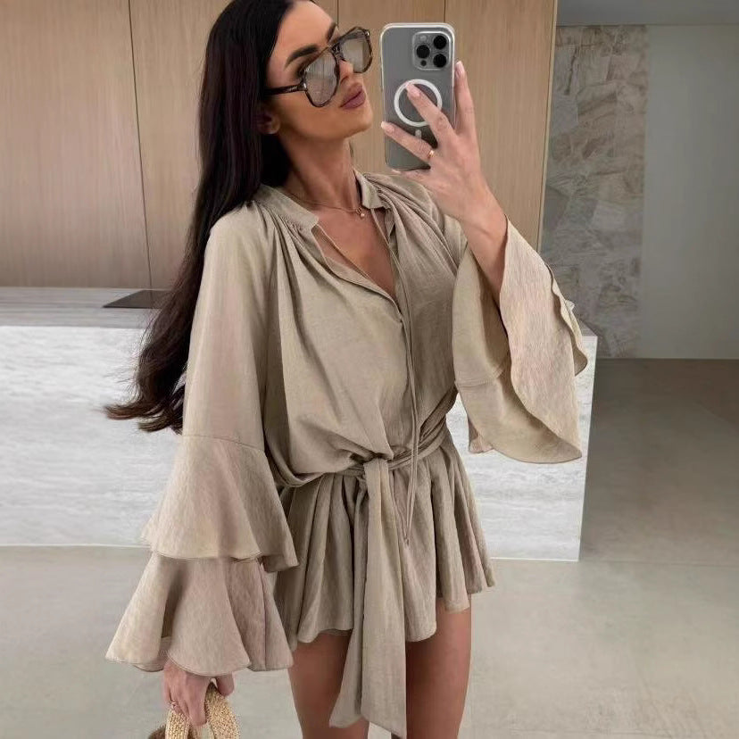 Damen luftige Strandbluse mit voluminösen Ärmeln und Taillengürtel R&B