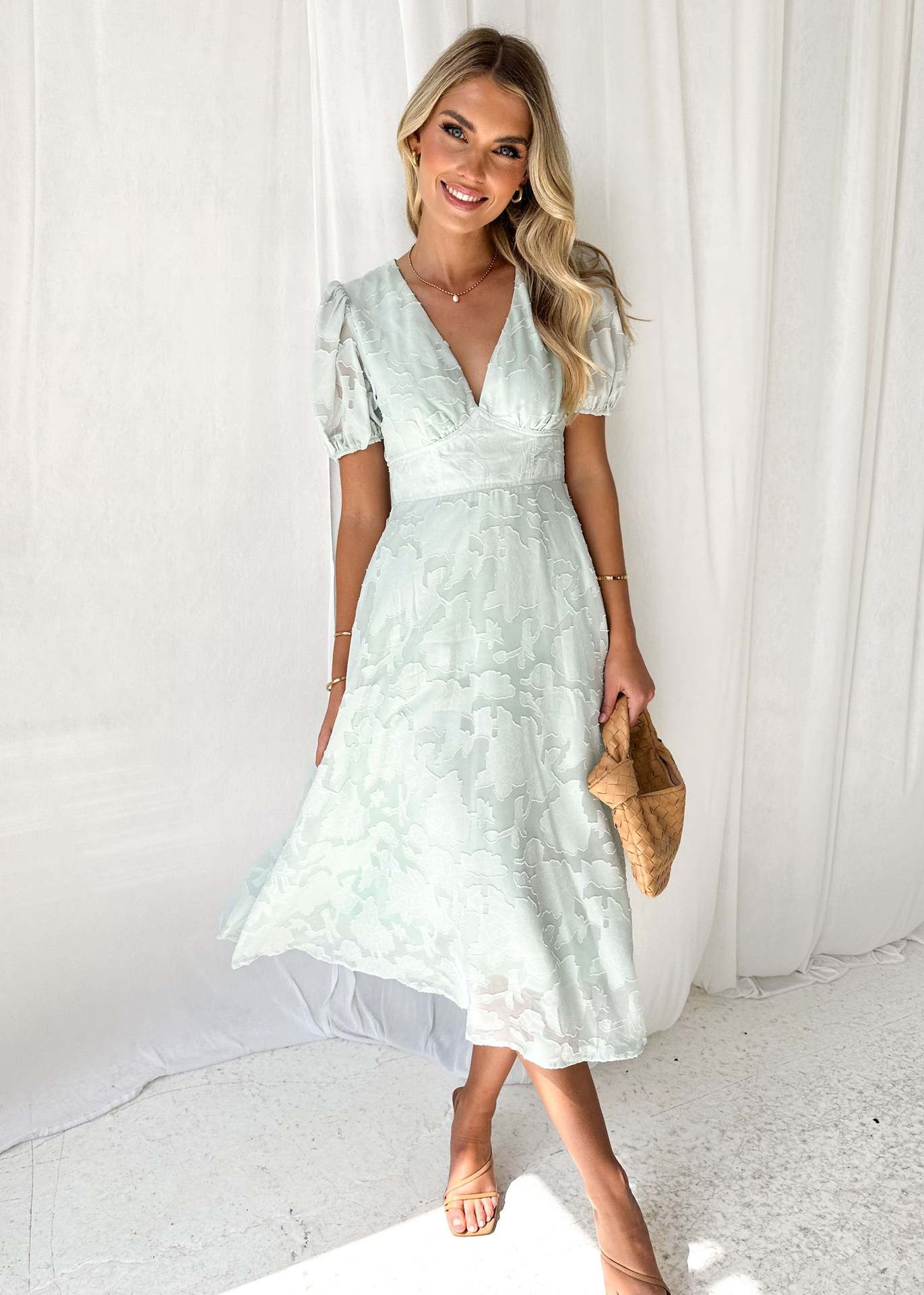 Damen Midi-Kleid mit grafischem Auschnitt und Puffärmeln R&B