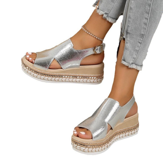Damen Wedgesandalen mit glänzendem Obermaterial und modischer Plateau-Sohle R&B