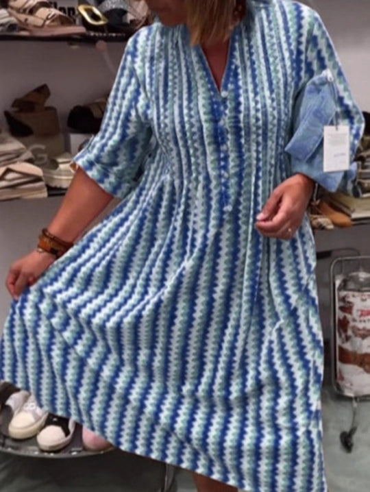 Damen nan Midikleid mit Unterbrustnaht, V-Ausschnitt, Knopfleiste und krempelbaren dreiviertelärmeln R&B