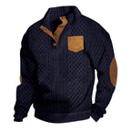 Herren nan Zopfmuster-Strickpullover mit Stehkragen Knopfleiste aufgesetzter Brusttasche und Lederoptik-Ellenbogenpatches R&B