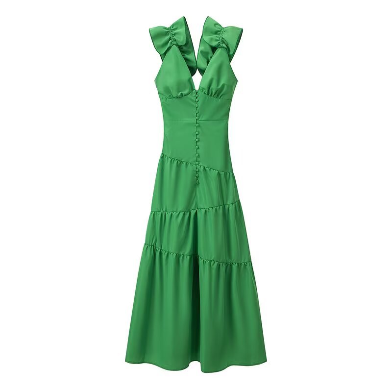 Damen Maxikleid mit schwingendem Rüschendesign und elegantem V-Ausschnitt R&B