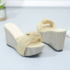 Damen nan Keil-Pantolette mit hohem Bast-Plateau und gedrehtem Textilriemen R&B